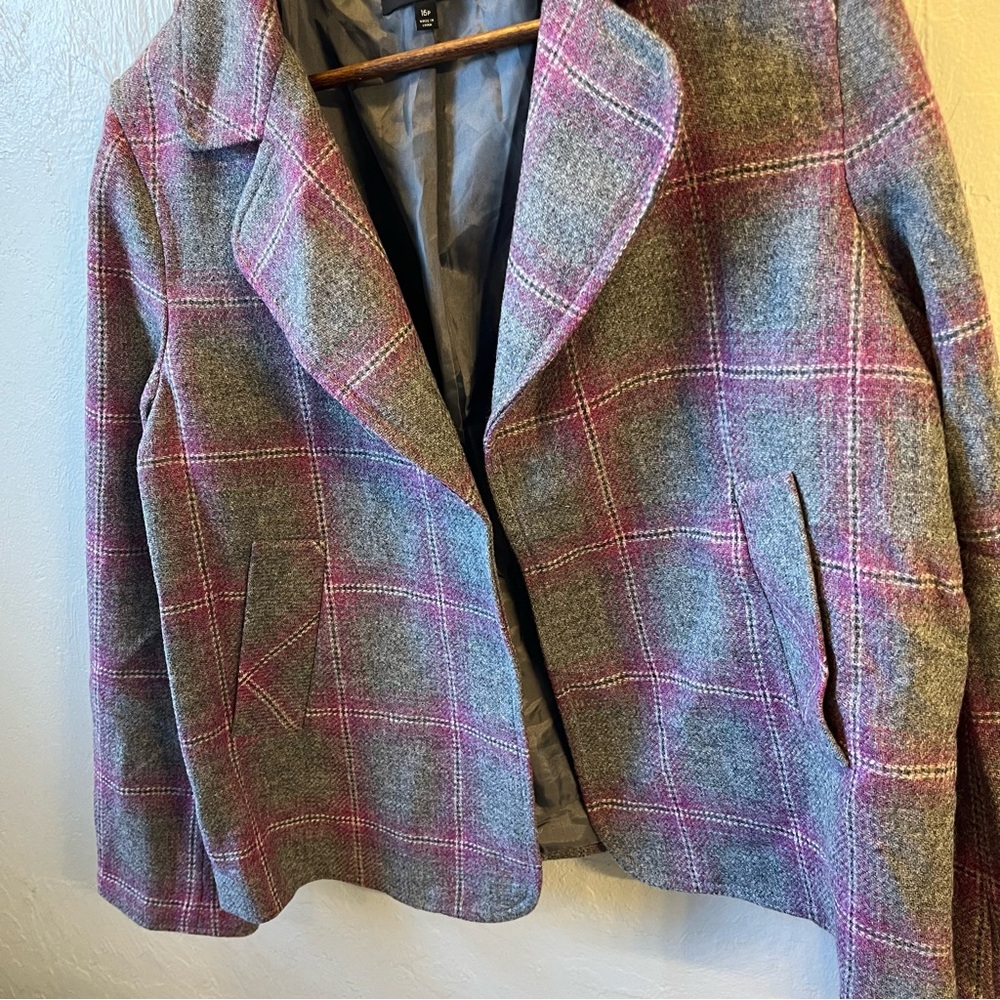 Talbots Gray Pink Plaid Wool Tweed Open Front Blazer Jacket 16P Career - Picture 2 of 10